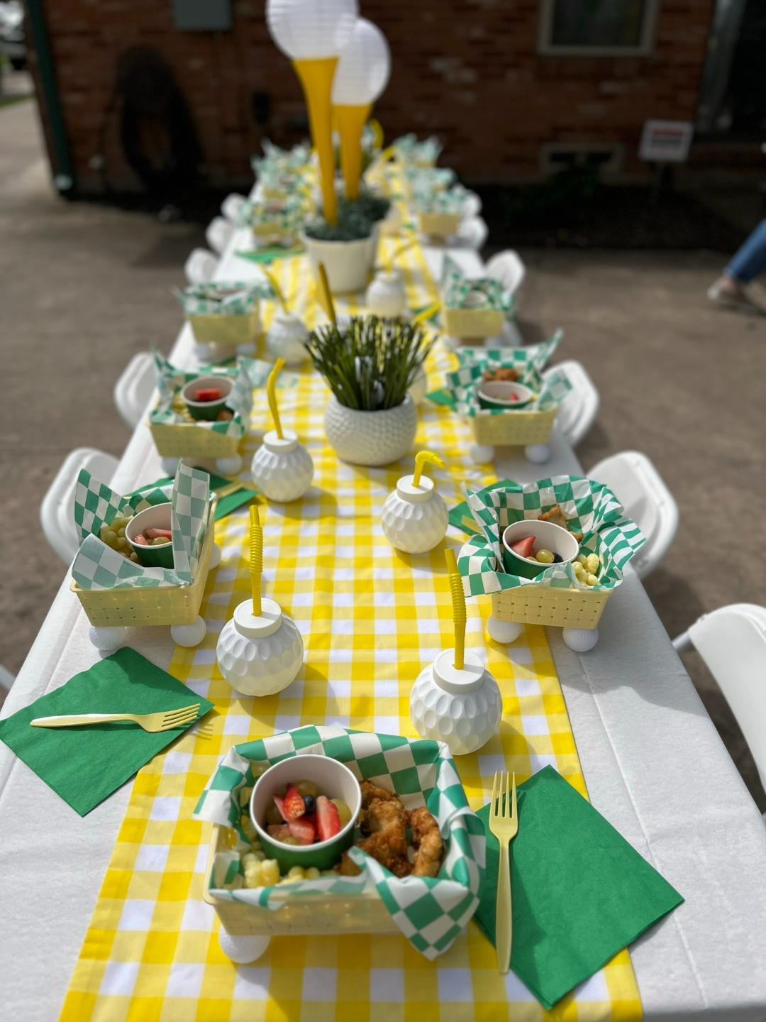 Golf party tablescape from the end of the table