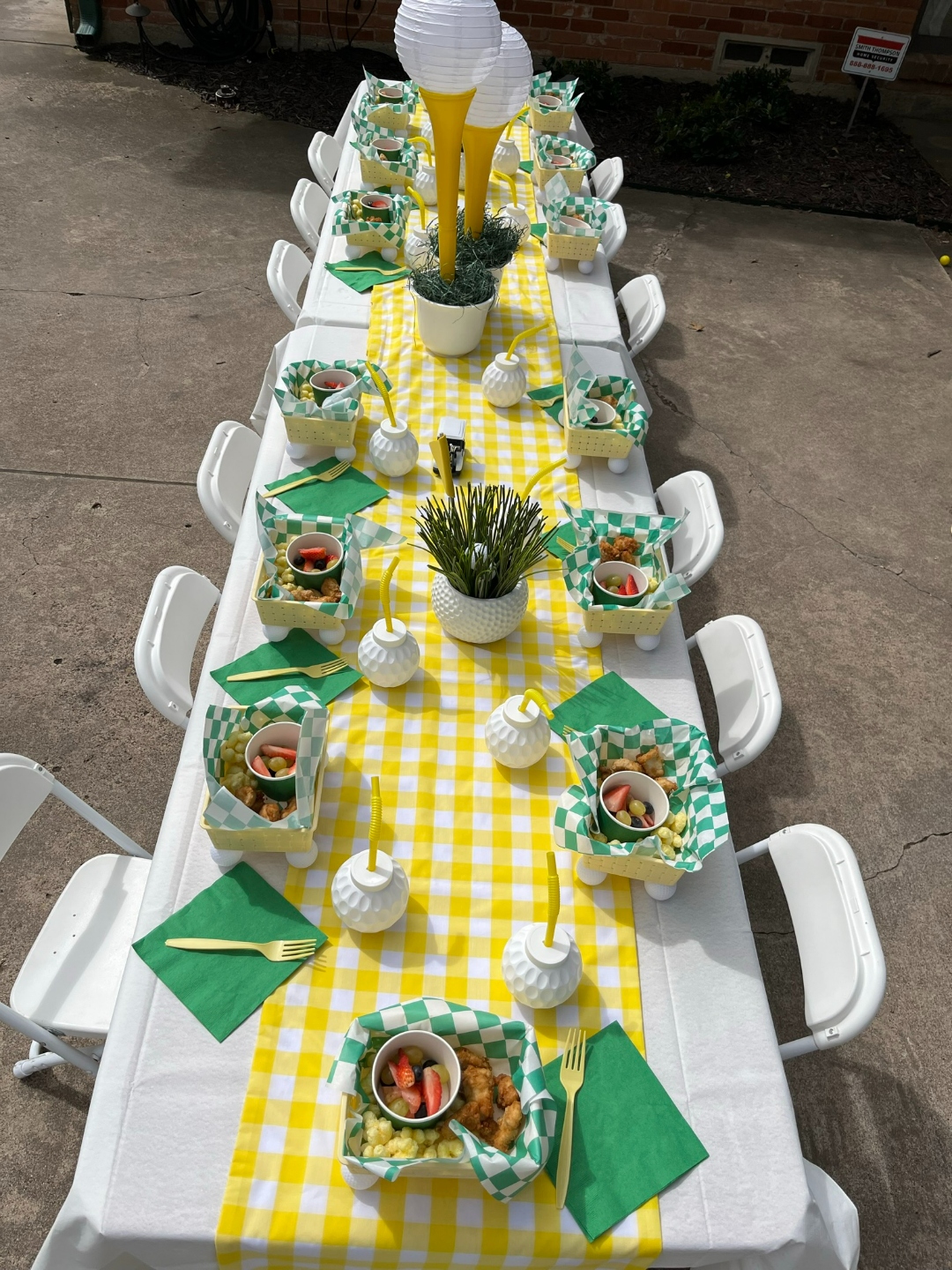 Golf themed party table closeup from above